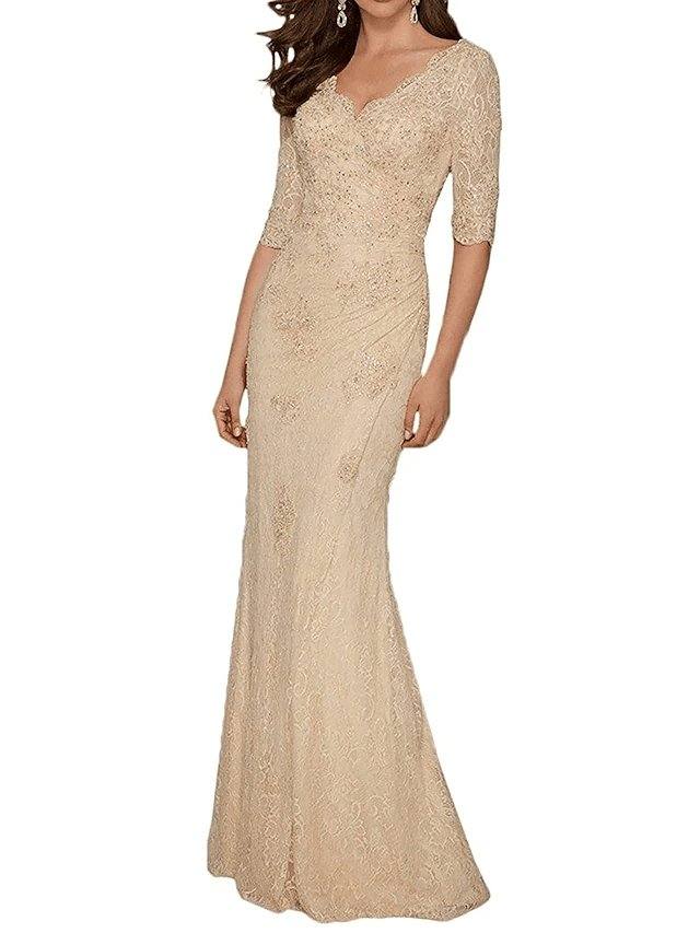 Mermaid / Trumpet Mother of the Bride Dress Plus Size Sexy V Neck Sweep / Brush Train Chiffon Lace Half Sleeve with Lace Appliques - RongMoon