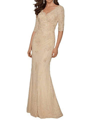 Mermaid / Trumpet Mother of the Bride Dress Plus Size Sexy V Neck Sweep / Brush Train Chiffon Lace Half Sleeve with Lace Appliques - RongMoon