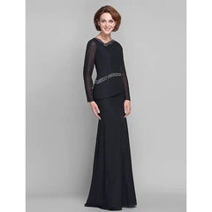 Mermaid / Trumpet Mother of the Bride Dress V Neck Floor Length Chiffon Long Sleeve with Beading 2022 / Illusion Sleeve - RongMoon