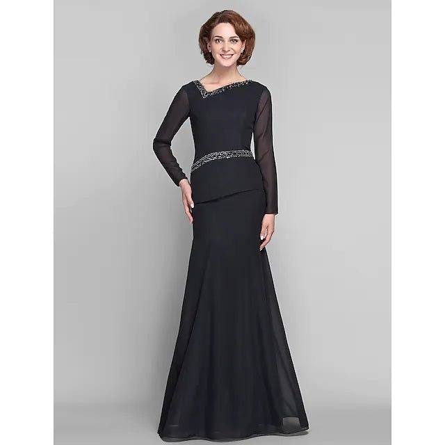 Mermaid / Trumpet Mother of the Bride Dress V Neck Floor Length Chiffon Long Sleeve with Beading 2022 / Illusion Sleeve - RongMoon