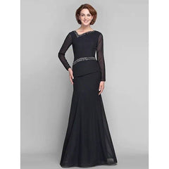Mermaid / Trumpet Mother of the Bride Dress V Neck Floor Length Chiffon Long Sleeve with Beading 2022 / Illusion Sleeve - RongMoon