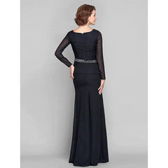 Mermaid / Trumpet Mother of the Bride Dress V Neck Floor Length Chiffon Long Sleeve with Beading 2022 / Illusion Sleeve - RongMoon