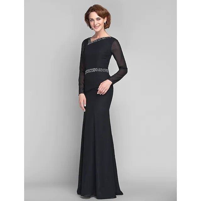 Mermaid / Trumpet Mother of the Bride Dress V Neck Floor Length Chiffon Long Sleeve with Beading 2022 / Illusion Sleeve - RongMoon