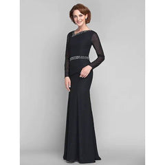 Mermaid / Trumpet Mother of the Bride Dress V Neck Floor Length Chiffon Long Sleeve with Beading 2022 / Illusion Sleeve - RongMoon