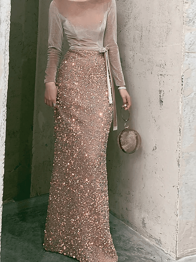 Mermaid / Trumpet Sparkle Sexy Wedding Guest Prom Dress Boat Neck Long Sleeve Floor Length Sequined with Bow(s) Sequin - RongMoon