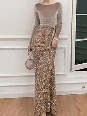 Mermaid / Trumpet Sparkle Sexy Wedding Guest Prom Dress Boat Neck Long Sleeve Floor Length Sequined with Bow(s) Sequin - RongMoon