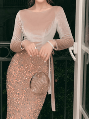 Mermaid / Trumpet Sparkle Sexy Wedding Guest Prom Dress Boat Neck Long Sleeve Floor Length Sequined with Bow(s) Sequin - RongMoon
