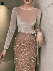 Mermaid / Trumpet Sparkle Sexy Wedding Guest Prom Dress Boat Neck Long Sleeve Floor Length Sequined with Bow(s) Sequin - RongMoon