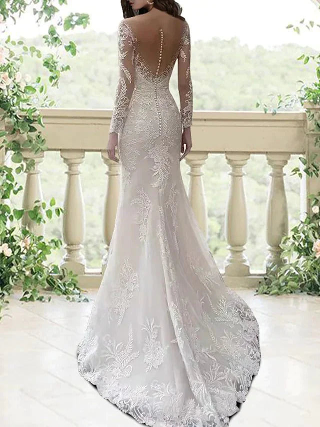 Mermaid / Trumpet Wedding Dresses Jewel Neck Sweep / Brush Train Lace Tulle Long Sleeve Formal Sexy Luxurious Backless with Appliques - RongMoon