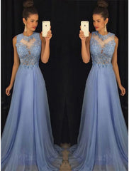 A-Line Empire Prom Formal Evening Dress Jewel Neck Sleeveless Sweep / Brush Train Chiffon with Beading Appliques