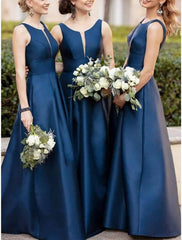 A-Line Bridesmaid Dress V Neck Sleeveless Vintage Floor Length Satin with Pleats / Solid Color - RongMoon