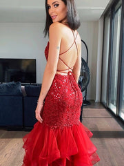 Sequin Halter Organza Sleeveless Floor-Length Prom Dresses Red