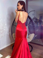 Silk like Satin Spaghetti Straps Sleeveless Applique Red Prom Dresses