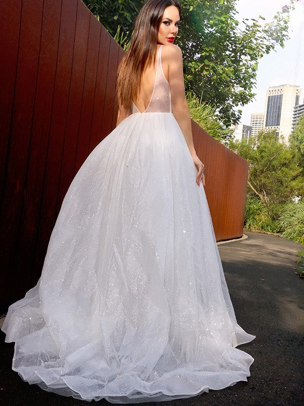 A-Line Princess Sleeveless V-neck Tulle Sequin Prom Dresses