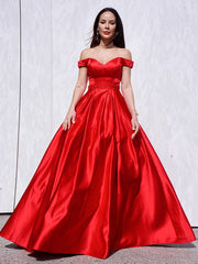A-Line Princess Sleeveless Off-the-Shoulder Satin Ruffles Floor-Length Red Prom Dresses
