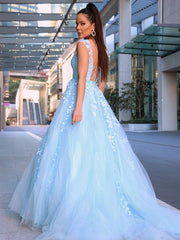 A-Line Princess Scoop Sleeveless Tulle Applique Prom Dresses