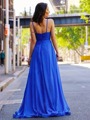 A-Line Princess Chiffon Ruched Spaghetti Straps Sleeveless Prom Dresses Blue