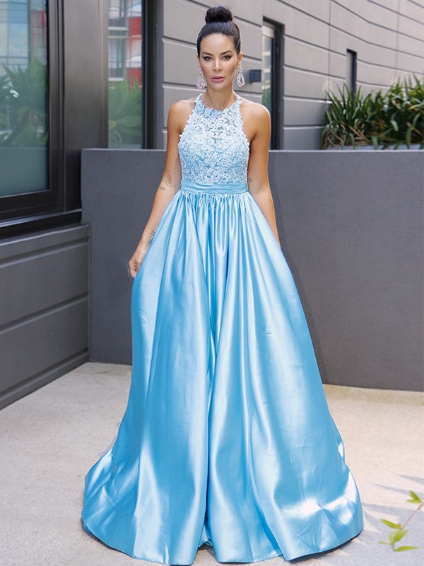 A-Line Princess Satin Halter Sleeveless Applique Prom Dresses