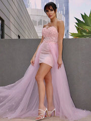 A-Line Princess Hand-Made Flower Tulle Sleeveless Sweetheart Prom Dresses