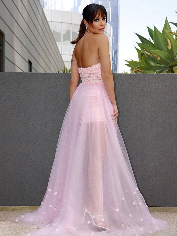 A-Line Princess Hand-Made Flower Tulle Sleeveless Sweetheart Prom Dresses