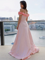 A-Line Princess Satin Off-the-Shoulder Sleeveless Hand-Made Flower Prom Dresses