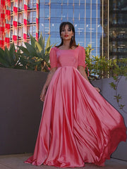 A-Line Princess Square  Sleeves Charmeuse Ruffles Floor-Length Prom Dresses