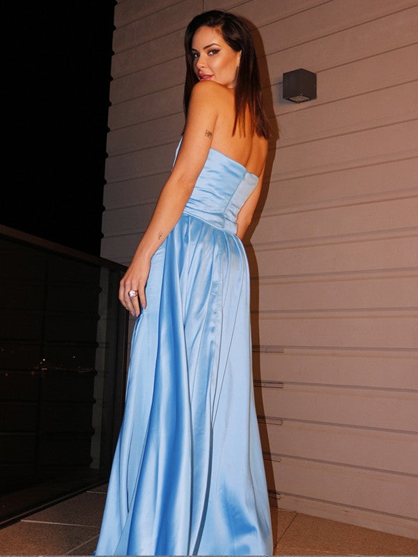 Strapless Sleeveless Charmeuse Ruched Long Prom Dresses Blue