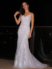 V-neck Tulle Applique Sleeveless Prom Dresses