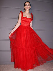 A-Line Princess Lace Ruffles Square Sleeveless Floor-Length Prom Dresses Red