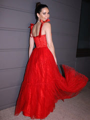 A-Line Princess Lace Ruffles Square Sleeveless Floor-Length Prom Dresses Red