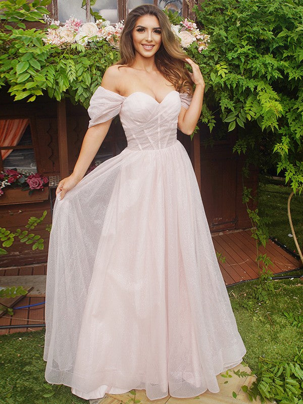 A-Line Princess Ruched Off-the-Shoulder Short Sleeves Prom Dresses