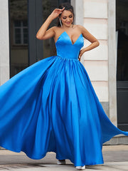 A-Line Princess Satin Ruffles Sweetheart Sleeveless Floor-Length Prom Dresses Blue