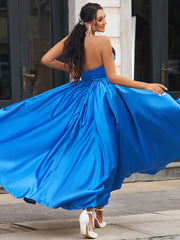 A-Line Princess Satin Ruffles Sweetheart Sleeveless Floor-Length Prom Dresses Blue