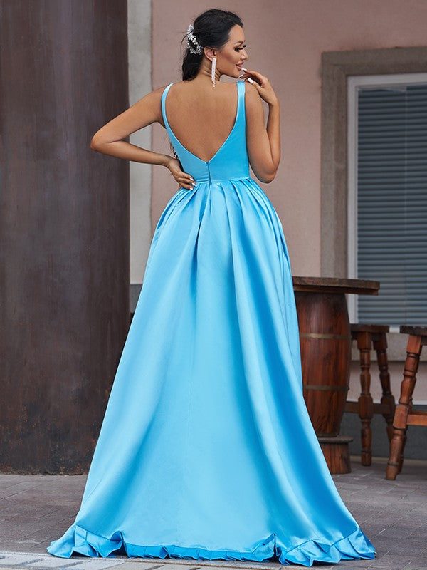 A-Line Princess Satin Ruffles V-neck Sleeveless Asymmetrical Prom Dresses