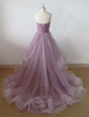 A-Line Minimalist Cute Engagement Prom Dress Sweetheart Neckline Sleeveless Court Train Tulle with Pleats Ruffles