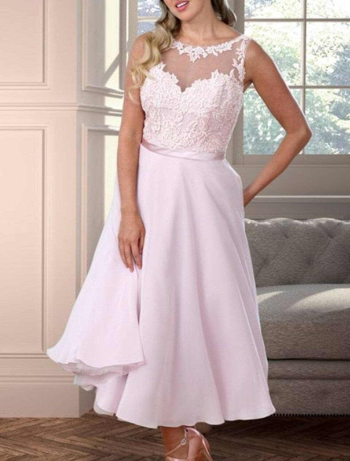 A-Line Bridesmaid Dress Illusion Neck Sleeveless Plus Size Floor Length Chiffon with Appliques - RongMoon