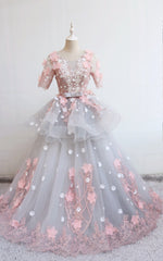 Modest 3D Floral Lace Flowers Ball Gowns Wedding Dresses With Sleeves