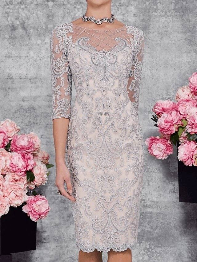 Mother of the Bride Dress Elegant Illusion Neck Knee Length Lace 3/4 Length Sleeve with Embroidery - RongMoon