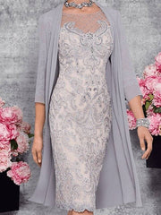 Mother of the Bride Dress Elegant Illusion Neck Knee Length Lace 3/4 Length Sleeve with Embroidery - RongMoon