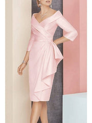 Mother of the Bride Dress Plus Size Elegant Vintage V Neck Knee Length Satin 3/4 Length Sleeve with Sash / Ribbon Ruching - RongMoon