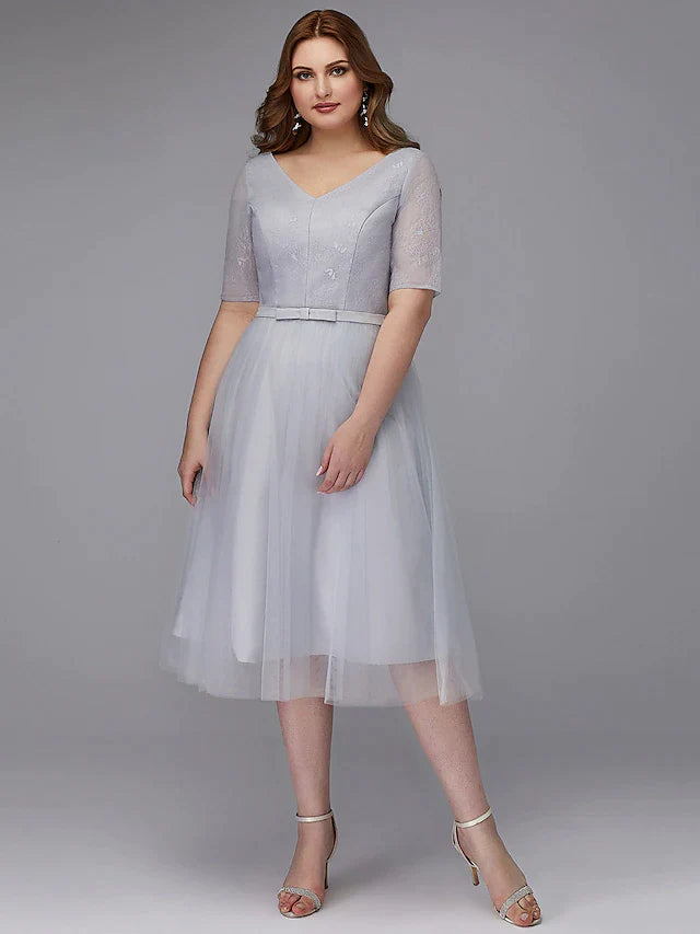 A-Line Elegant Dress Wedding Guest Tea Length Short Sleeve V Neck Lace Lace-up with Sash / Ribbon
