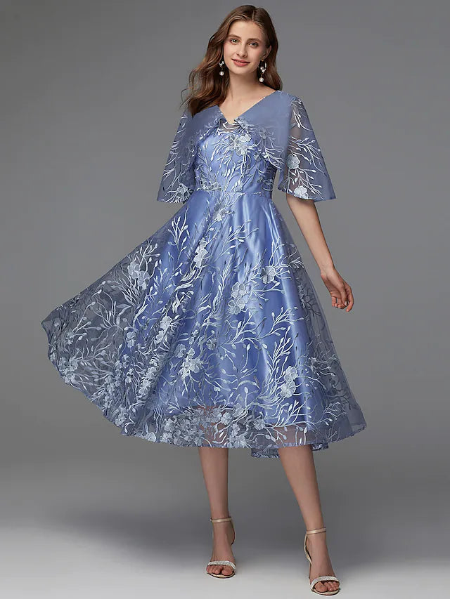 A-Line Floral Dress Wedding Guest Tea Length Sleeveless V Neck Lace V Back with Pattern / Print Appliques