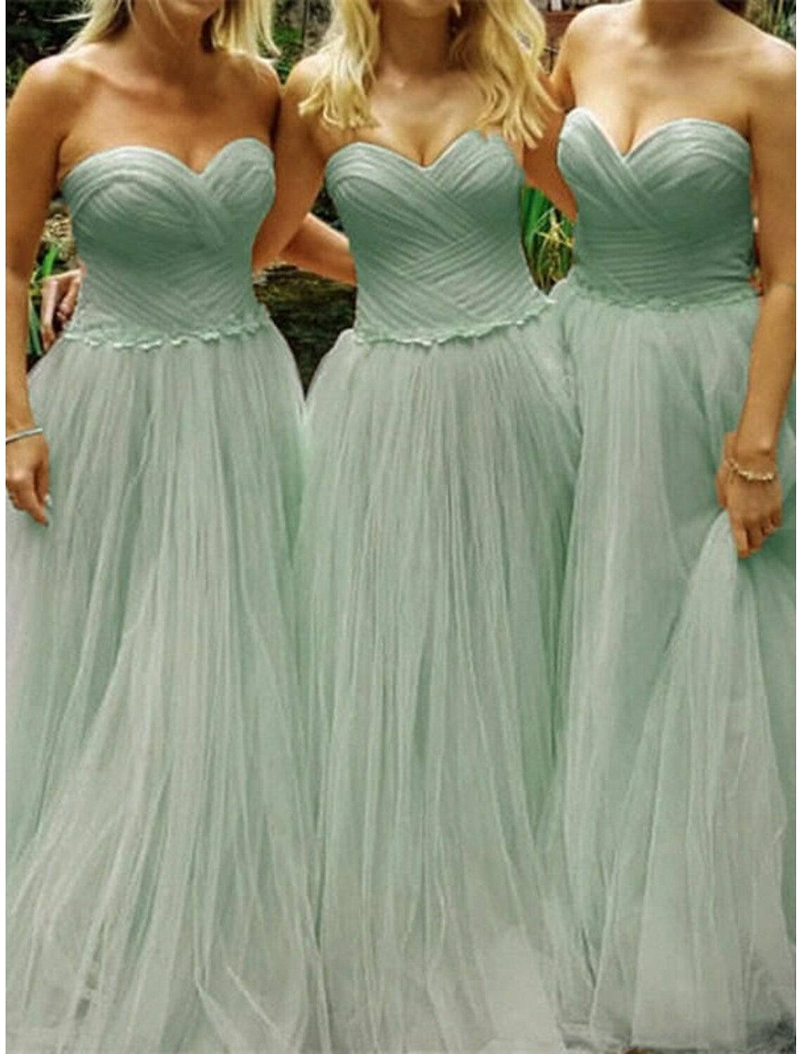 A-Line Bridesmaid Dress Sweetheart Neckline Sleeveless Elegant Floor Length Tulle with Pleats / Solid Color - RongMoon