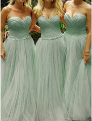 A-Line Bridesmaid Dress Sweetheart Neckline Sleeveless Elegant Floor Length Tulle with Pleats / Solid Color - RongMoon