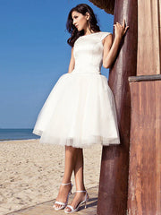 Beach Little White Dresses Wedding Dresses Knee Length A-Line Cap Sleeve Bateau Neck Satin With Draping