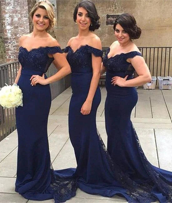 Navy Blue Off Shoulder Mermaid Beaded Lace Prom Dresses, Blue Bridesmaid Dresses, Lace Prom Gown - RongMoon