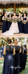 Elegant Lace Chiffon Navy Long Bridesmaid Dresses - RongMoon
