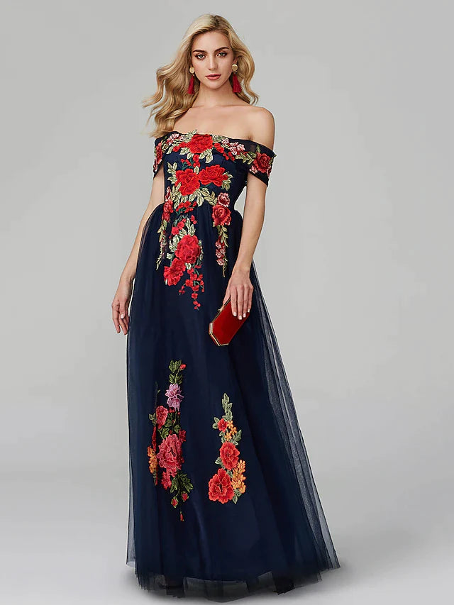 A-Line Prom Dresses Floral Dress Wedding Guest Floor Length Sleeveless Off Shoulder Lace Over Tulle with Embroidery Appliques