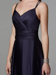 A-Line Prom Dresses Beautiful Back Dress Evening Party Floor Length Sleeveless Spaghetti Strap Satin Crisscross Back with Beading Side Draping