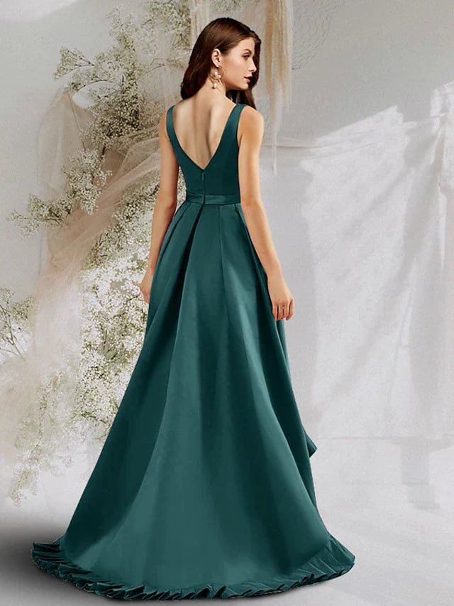 A-Line Prom Dresses Minimalist Dress Prom Court Train Sleeveless V Neck Pocket Satin with Ruffles Pocket